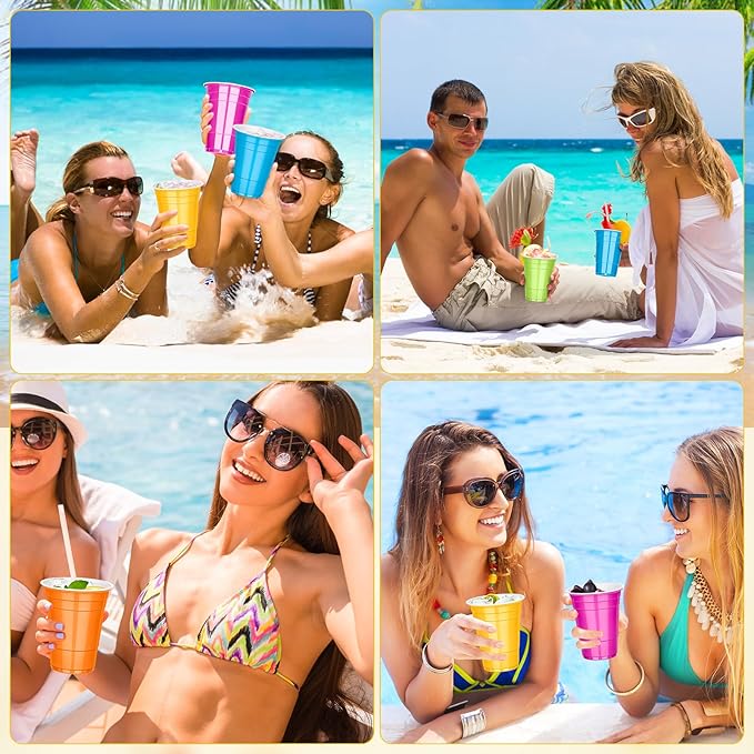 KesaPlan 100PCS 16 oz Hawaii Laua Cups, Colorful Plastic Cups in Orange, Hot Pink, Blue, Lime and Yellow, Disposable Drinking Cup for Tropical Luau Hawaiian Moana Birthday Party Decorations Supplies