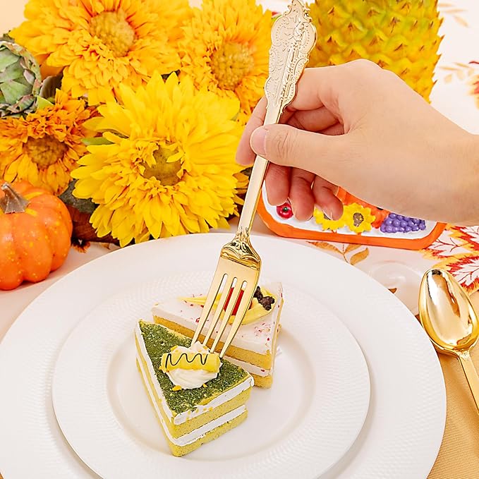 Liacere 400PCS Gold Plastic Silverware - Pre Rolled Napkins Disposable Gold Plastic Cutlery-Premium Quality Utensils-Includes 100Forks,100Knives,100Spoons,100 Napkins & Wedding & New Year