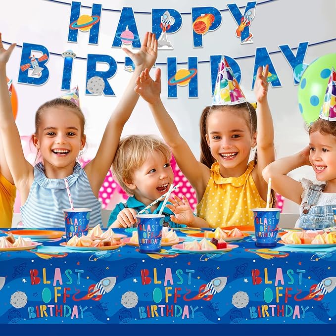 Outer Space Party Supplies - Solar System Planet-Themed Disposable Paper Plates, Napkins, Cups, Tablecloth, and Banner: Ideal Galaxy Space Birthday Decorations for Party of 25