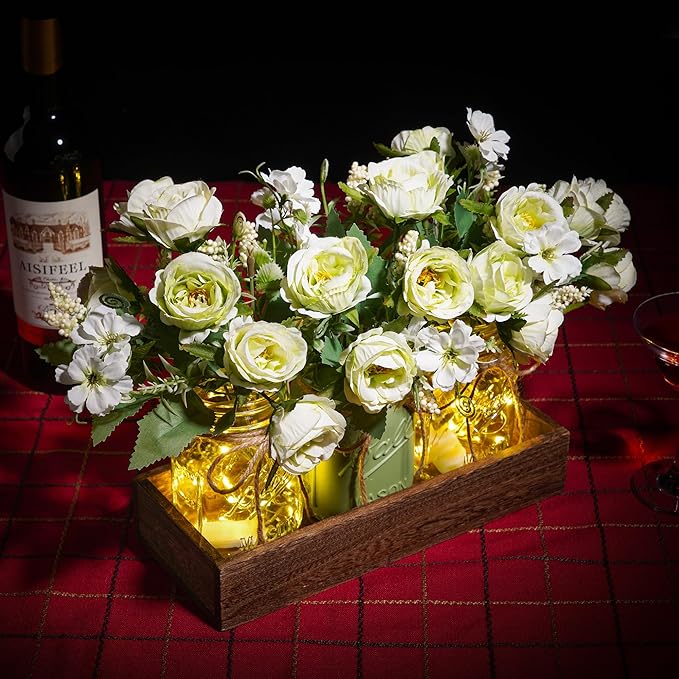 3 Pcs Mason Jar Centerpiece Table Decorations for Dining Farmhouse Coffee Table Decor with Wood Tray and Led Light Table Centerpieces for Dining room Kitchen Living Bathroom,Green