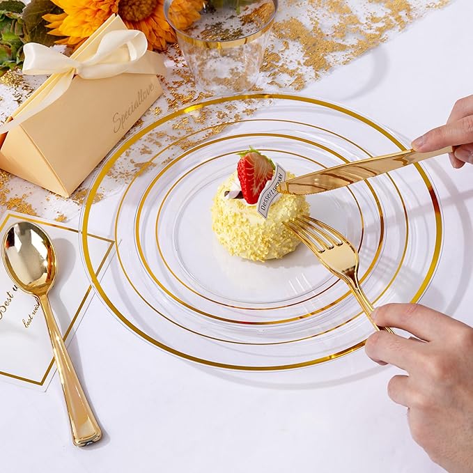 bUCLA 300Pcs Clear Gold Plastic Disposable Dinnerware Set - Clear Plates with Gold Trim Include 50 Dinner / 50 Dessert Plates,50 Cups,150 Plastic Silverware Set for Party, Fall & Thanksgiving