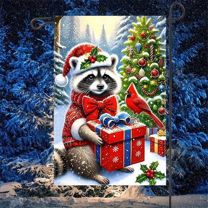 Christmas Garden Flag Double Sided 12x18 Flag Winter Raccoon Flag Cute Raccoon In Santa Hat Cardinal Bird And Festive Gift Boxes Charming Holiday Outdoor Decorations Great For Home Banner
