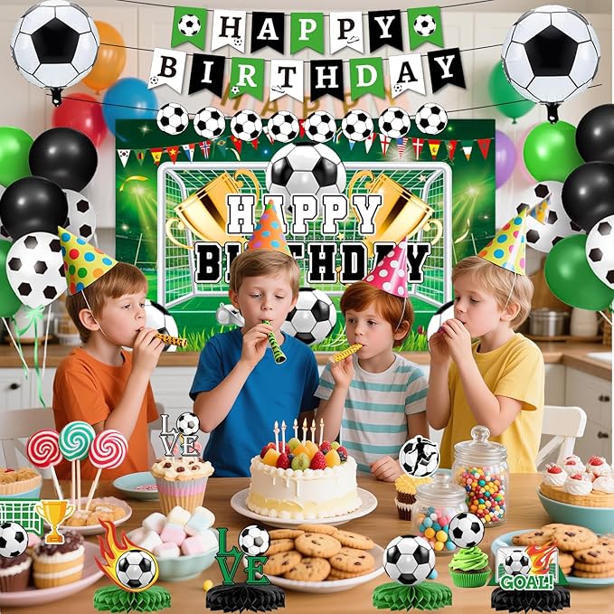 Soccer Birthday Party Decorations Includes Banner, Backdrop, Foil & Latex Balloons, Cake & Cupcake Toppers, Honeycomb Centerpieces for Boy Soccer Themed Party Decorations