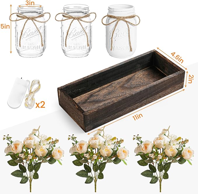 3 Pcs Mason Jar Centerpiece Table Decorations for Dining Table Decor Farmhouse Coffee Table Decor with Wood Tray and Led Light Table Centerpieces for Dining room Kitchen Living Bathroom,White