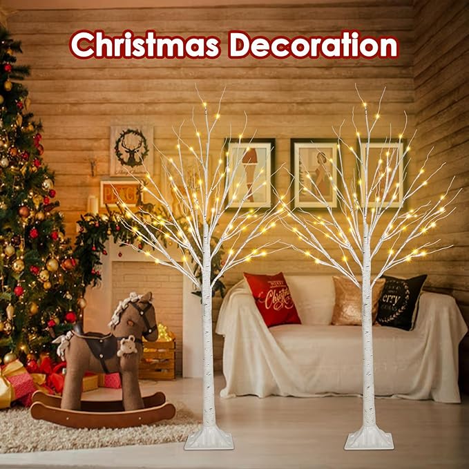 2-Pack 4FT Lighted Birch Tree, Birch Christmas Tree for Indoor & Outdoor, Upgraded 96 LED Birch Tree Lights for Outdoor Christmas Decorations Indoor Home Thanksgiving (Warm White & Cool White)