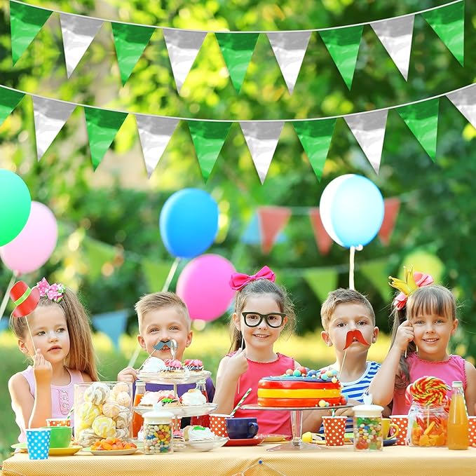 65FT Green Silver Glitter Triangle Pennant Banner Flag Metallic Bunting Fabric Garland for Christmas Graduation Wedding Engagement Anniversary Bachelorette Bridal Shower Valentine's Party Supplies