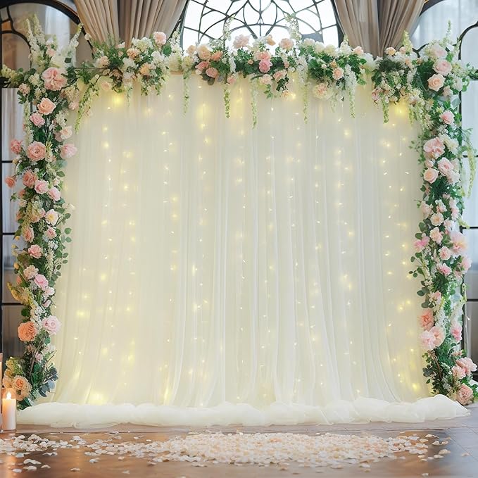 10ft x 8ft Ivory Backdrop Curtain with Lights String for Parties, Sheer Tulle Wedding Photo Backdrops Drapes for Baby Shower Birthday Party Decorations Background for Photography