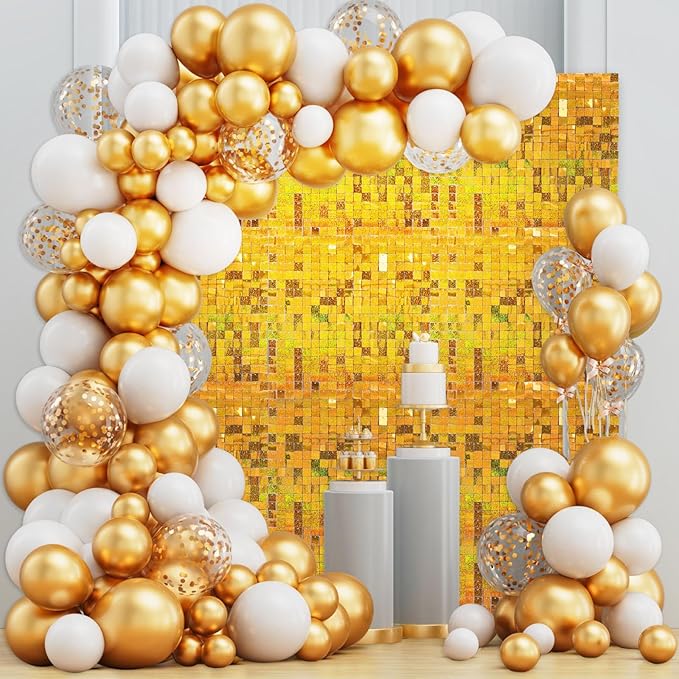 36 PCS Gold Shimmer Wall Backdrop, Laser Square Sequin Photo Backdrops Panel, Glitter Wall Background for Birthdays, Weddings, Halloween, Engagements, Disco Bachelorette Party Decoration (6FTx6FT)