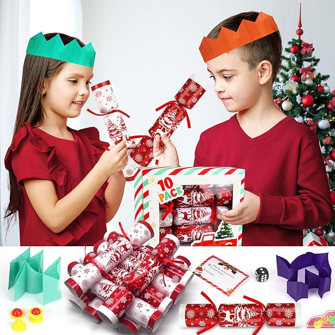 10 Pack Christmas No Snap Party Favor with Red & White Snowflake Design with Party Hat, Joke & Little Gift Inside for Kids, Xmas Gift, Christmas Seasonal Holiday Party Dinner Traditions Supplies
