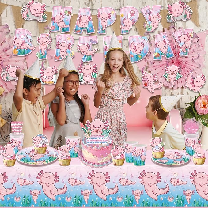 164PCS Pink Cartoon Axolotl Birthday Party Decorations, Tableware Axolotl Party Supplies Plates and Napkins Set, Banner, Hanging Swirls, Tablecloth, Cake Cupcake Topper, Reptile Animals Baby Shower