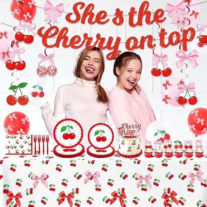 143PCS Cherry Birthday Party Decorations, She's The Cherry On Top Party Supplies Plates and Napkins Set, Tableware,Banner, Hanging Swirls, Tablecloth, Cake Cupcake Topper, Wedding Bridal Baby Shower