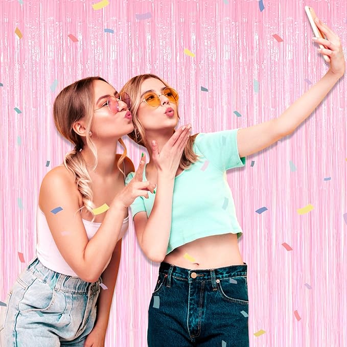 3 Pack Macaron Pink Foil Fringe Curtain Backdrop, 3.28Ft x 8.2Ft Metallic Tinsel Foil Fringe Streamer Curtains for Photo Booth, Mother's Day, Easter, Birthday, Wedding Party Decorations