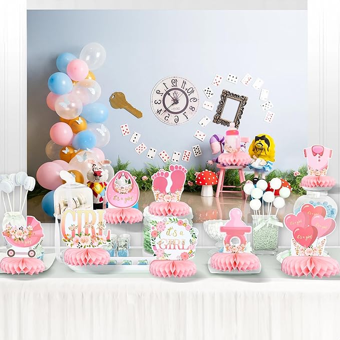 Gyufise 9Pcs Pink Baby Shower Decorations Honeycomb Centerpieces for Girls Floral It's a Girl Gender Reveal Table Centerpiece Party Supplies Baby Girl Pregnancy Announcement Table Topper