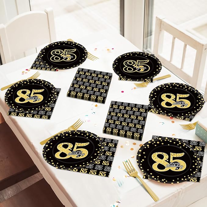 96 Pcs 85th Birthday Party Supplies - Tableware Plates, Cheers to 85 Years Table Decorations, Dinnerware, Happy 85th Birthday Party Favor for 24 Guests