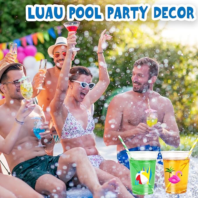 taupphoo 48PCS Beach Pool Party Plastic Cups with Paper lids Summer 16oz Luau Swimming Party Disposable Plastic Cups Drinkware for Beach Ball Pool birthday Decorations favors