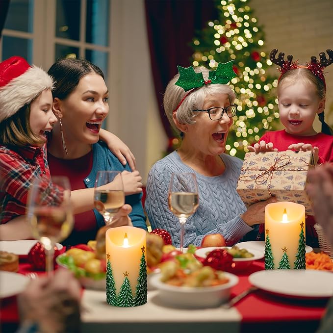 Christmas Tree Flameless Candles with Remote and Timer, Real Wax LED Pillar Candle with Flickering Flame, Embossed Design, Battery Operated Candles Xams Holiday Home Décor