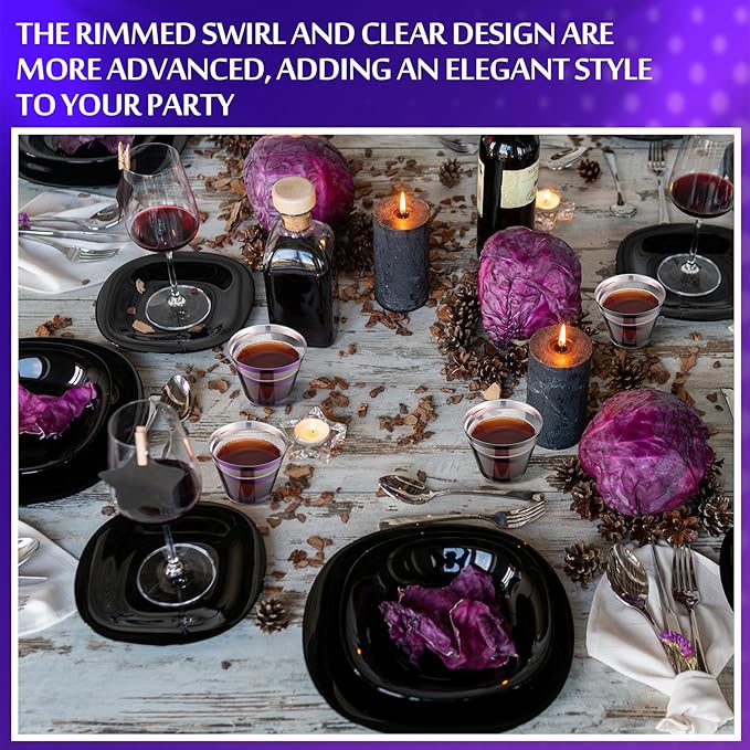 Gejoy 9 oz Rimmed Swirl Plastic Cups Disposable Wine Drinking Cups Clear Elegant Halloween Tumblers for Christmas Party Supplies(Purple, Black,100 Pcs)