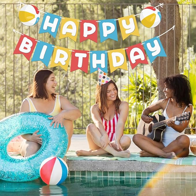 Beach Ball Happy Birthday Banner, 2-Piece Summer Pool Birthday Party Decoration, Beach Ball Colorful Happy Birthday Hanging Banner (Multicolor)