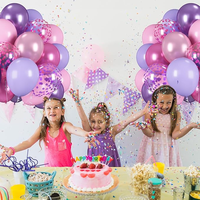 Pink and Purple Balloons, 60 Pcs 12 Inch Pastel Metallic Purple Pink Confetti Balloons with Magenta Balloon for Girls Women Birthday Baby Shower Bridal Shower Wedding Princess Party Decorations