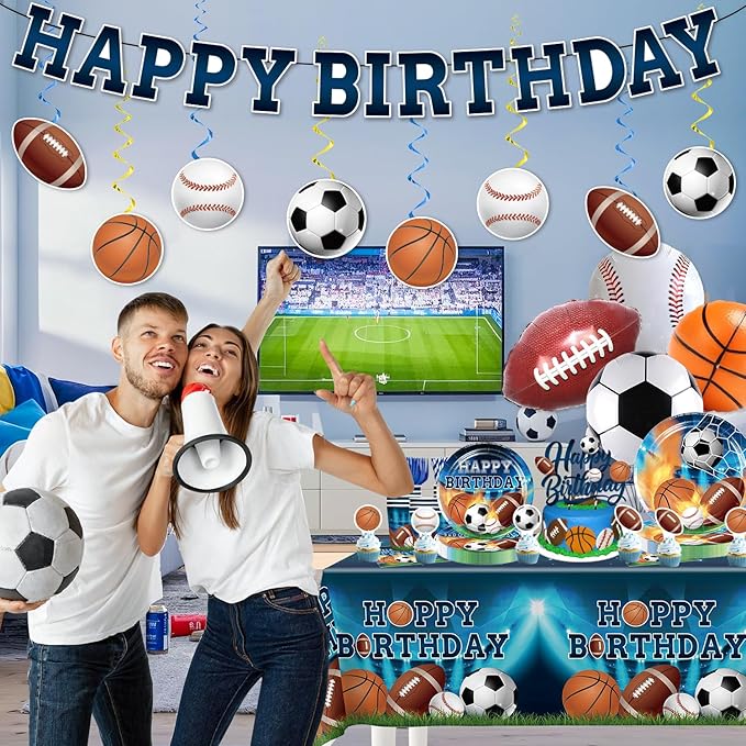 186Pcs Sports Birthday Party Decorations- Amp Up Your Sports Themed Party for 25 Guests. Includes Banner, Plates, Tablecloth, Cupcake Toppers and Aluminum Balloons for Boy Birthday Party Decorations