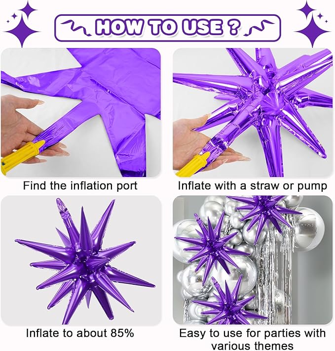 Black Purple Star Balloon,6Pcs 22Inch Explosion Star Balloons and 10Pcs 10Inch Four Angle Balloons Kit for Halloween Birthday Anniversary Graduation Baby Shower Wedding Party Decorations