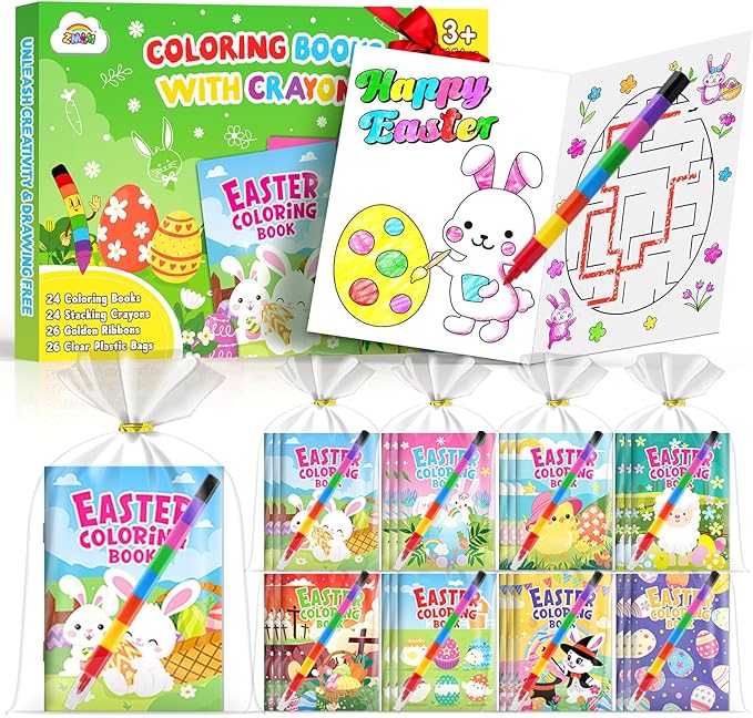 ZMLM 24 Coloring Books for Kids Party Favors: Bulk 24 Crayons Mini Coloring Books for Kids Ages 4-8 Birthday Goodie Bags Stuffers Toddlers Return Gifts Classroom Prizes Teacher Crafts (Easter)