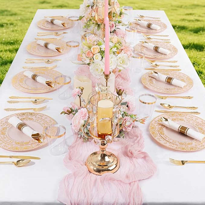 GATHER 350PCS Pink and Gold Plastic Plates - Gold Disposable Dinnerware Set Include 50 Dinner Plates, 50 Dessert Plates, 150 Plastic Silverware, 50 Napkins, 50 Cups for Party & Wedding
