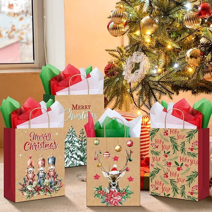 24 Large Christmas Gift Bags with 24 Tissue Paper, 5.1x10x12.6 Inch Bulk Holiday Kraft Paper Bags for Gifts with Handles, 8 Styles Xmas Gift Bags for Wrapping Christmas Holiday Presents Party Favors