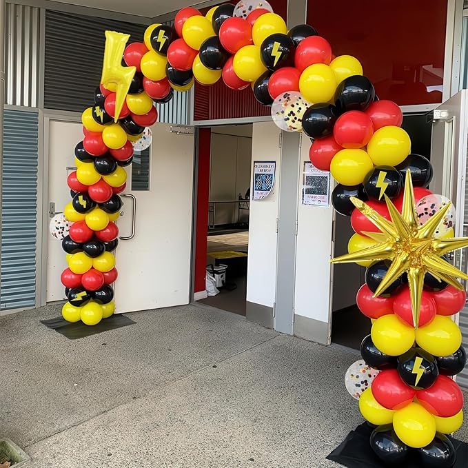 Red Yellow Black Balloons, Cartoon Theme Balloons with 36 Inch Lightning and 22 Inch Star Foil Balloon, Red Black Yellow Confetti Lightning Printed Balloon for Kids Boys Birthday Anime Party Decor