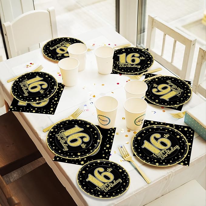 96 Pcs 16th Birthday Party Supplies for 24 Guests Cheers to 16 Years Tableware Table Decorations Black Gold 16th Birthday Plates Napkins Dinnerware for Boys Girls 16 Years Old Birthday Party Favor
