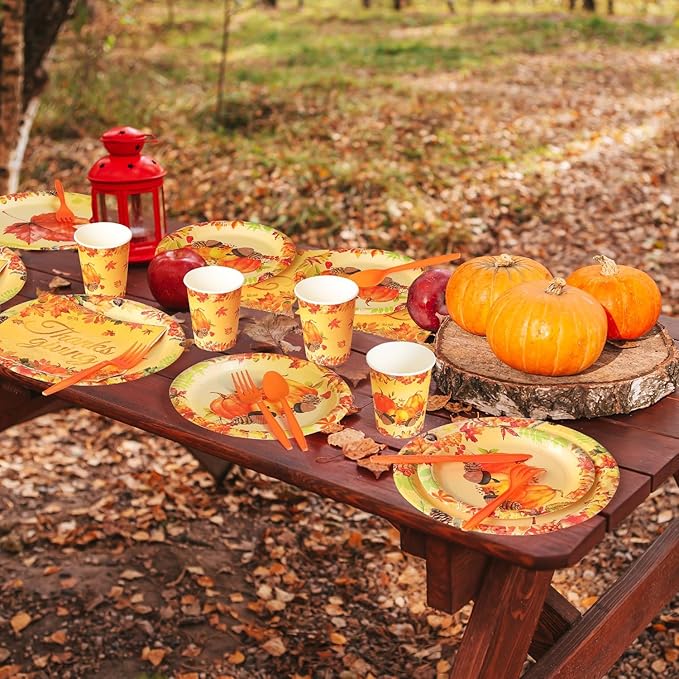 350 Pcs Fall Dinnerware - Thanksgiving Party Decoration Supplies with Autumn Pumpkins, Maple Leaf Paper Plates, Napkins & Cups for 50 Guests