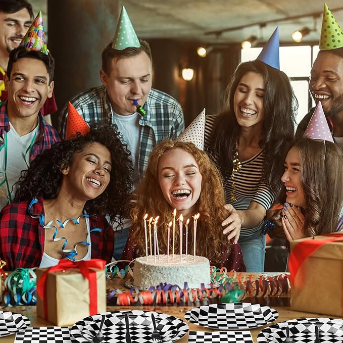 Pickmesh 400 Pcs Race Car Birthday Party Supplies Include Black White Checkered Disposable Paper Plates Napkins Cups Cutlery for Sport Race Car Birthday Party Decorations Serve 50