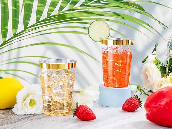 Ciaell 120PCS Gold Plastic Cups - 12Oz Heavy Duty Plastic Cup - Disposable Gold Rimmed Cups - Premium Gold Rim Cup Perfect for Wedding & Party & Thanksgiving