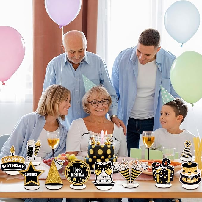 Happy Birthday Table Decorations & Centerpieces - 12-Piece Black & Gold Wooden Glitter Party Decor Set | Elegant & Reusable Birthday Supplies for Men, Women & Kids