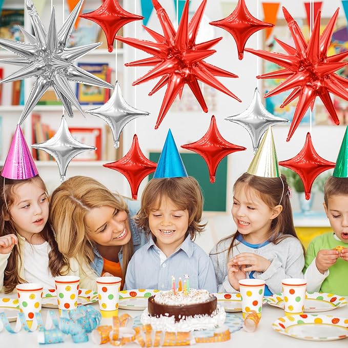 Red Silver Star Balloons Kit with 6pcs 22in Cone Foil Balloons and 10pcs 10in Four Pointed Star Balloons for Birthday New Year Christmas Anniversary Disco Party Decorations