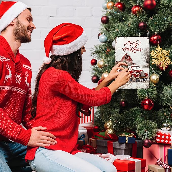 Vintage Christmas Red Truck Tin Sign Merry Christmas Truck Christmas Tree Metal Tin Sign Winter Rustic House Yard Xmas Pickup Holiday Wall Decorations Tin Sign 12x16Inch