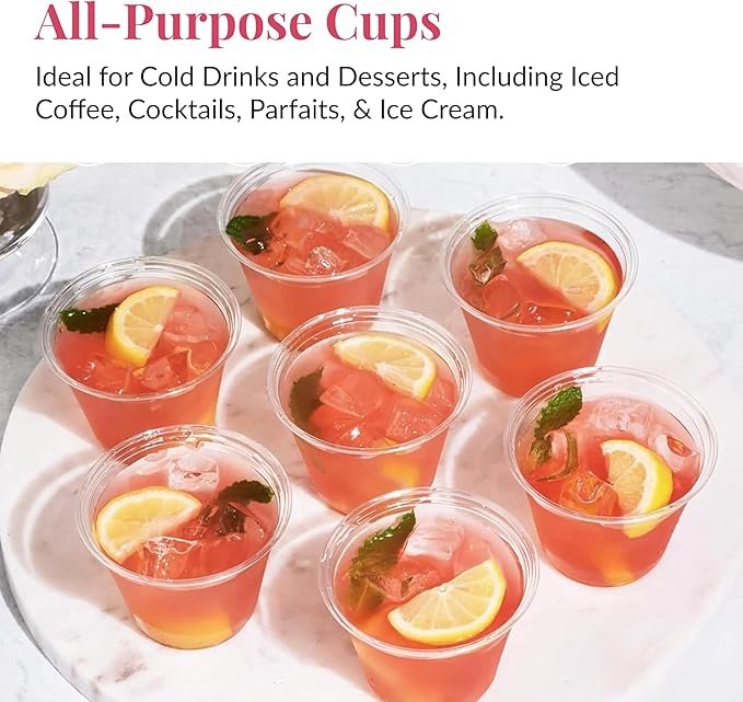 Prestee Clear Plastic Cups – 9oz Disposable PET Water, Wine, and Drink Glasses – Crystal Clear, Durable, Recyclable Party Cups – 100 Count for Holiday, Events, Coffee Shops, Restaurants