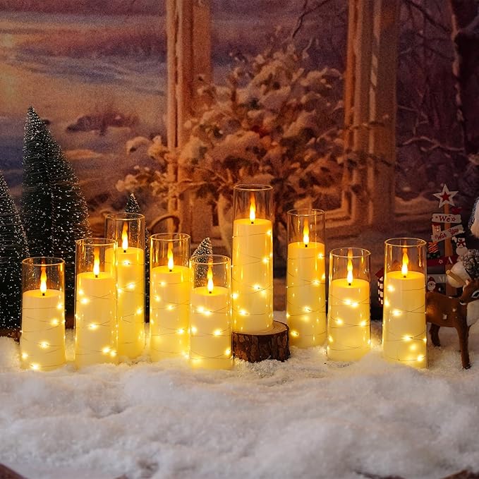 Flickering Flameless LED Candles,Battery Operated Candles 9 Pcs with Embedded Star String,Acrylic LED Pillar Candles with Remote,Suitable for Home Decoration to Create an Atmosphere (Ivory)