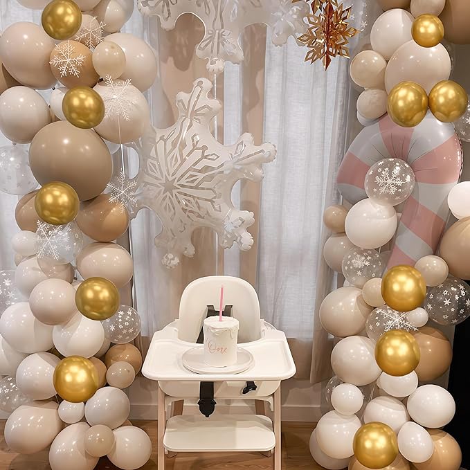Beige Gold Snowflake Balloons Cream White Sand Gold Metallic Balloons Neutral Boho Ivory Nude Winter Balloon Set for Christmas Ice Wonderland Snow Wedding Baby Bridal Shower Birthday Party Decorations