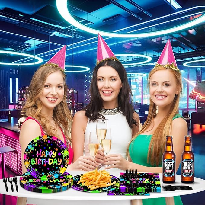 96Pcs Neon Birthday Party Decorations Party Supplies Plates and Napkins Forks for 24 Guests - Disposable Tableware Glow in the Dark Neon for Kids Baby Shower Birthday Decorations