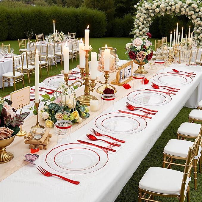 LIYH 350 Pcs Red Plastic Christmas Dinnerware Set for 50 Guests, Disposable Plastic Red Plates for Christmas Day Include: Dinner & Dessert Plates, Napkins, Cups, Silverware for Party Birthday