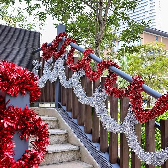 50Ft Christmas Tinsel Garland, Red Metallic Twist Garland for Xmas Tree Decorations, Tinsel for New Year Party Ceiling Hanging Decorations Indoor and Outdoor Decor Supplies