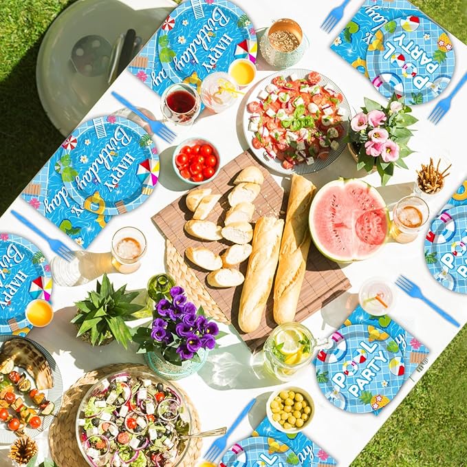 96 Pieces Pool Birthday Party Tableware Set for Summer Beach Table Decorations Supplies Beach Ball Dessert Plates Summer Pool Party Napkins Forks for 24 Guests Hawaiian Birthday Party Favors