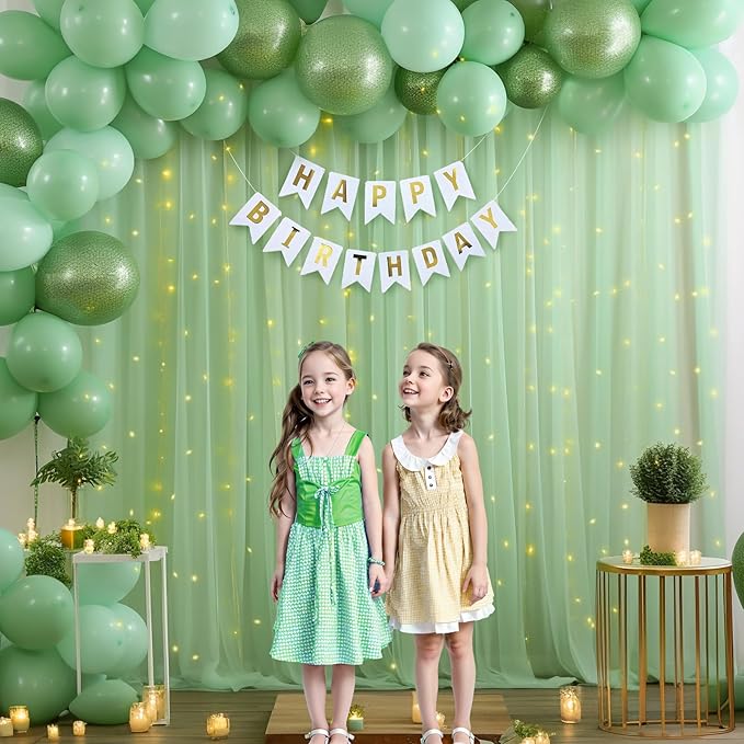 10ft x 8ft Green Backdrop Curtain with Lights String for Parties, Sheer Tulle Wedding Photo Backdrops Drapes for Baby Shower Birthday Party Decorations Background for Photography