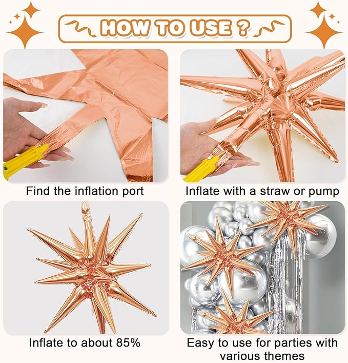 Rose Gold Star Balloons,Explosion Star Balloons Kit with 6Pcs 22Inch Cone Star Foil Balloons and 10Pcs 10Inch Four Pointed Star Balloons for Birthday Anniversary Disco Party Decorations