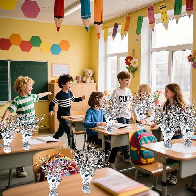 6 Pack Metallic Foil Spray Centerpiece Star Table Decoration Burst Glitter Tabletop Centerpieces for Birthday Christmas New Years Nye Wedding Graduation Holiday Party Supplies Decor, Silver