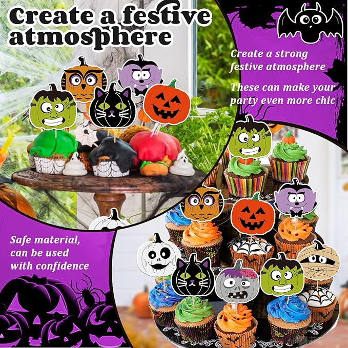 24 PCS Halloween Happy Birthday Cupcake Toppers Halloween Party Decorations Cake Decor Cupcake Decorations Cake Decorating Party Supplies Decor for Baby Shower Boys Girls