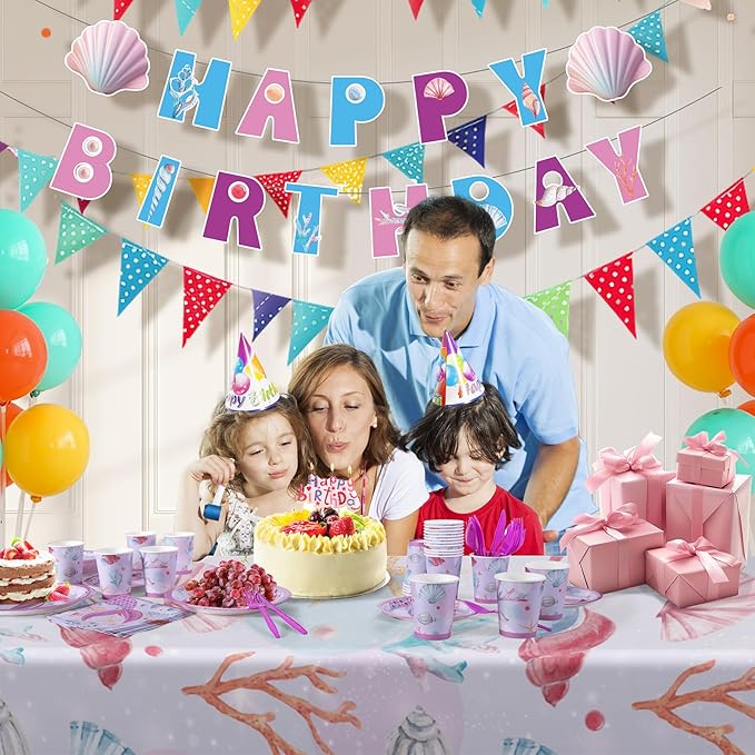 Mermaid Birthday Decorations, 170 Pcs Mermaid Party Supplies, Including Banner, Plates, Cups, Napkins, Cutlery and Tablecloths, Serves 24
