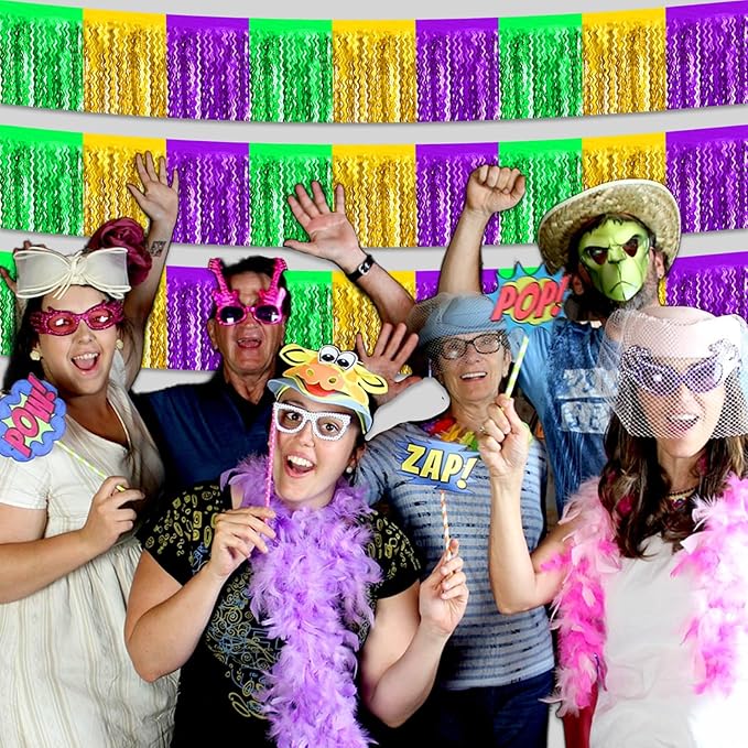 6 Pack 10 Feet Gold Green Purple Wave Foil Fringe Garland Metallic Tinsel Streamers Banner Wall Hanging Curtain Backdrop for Parade Floats, Mother's Day, Easter, Wedding, Birthday Party Decoration