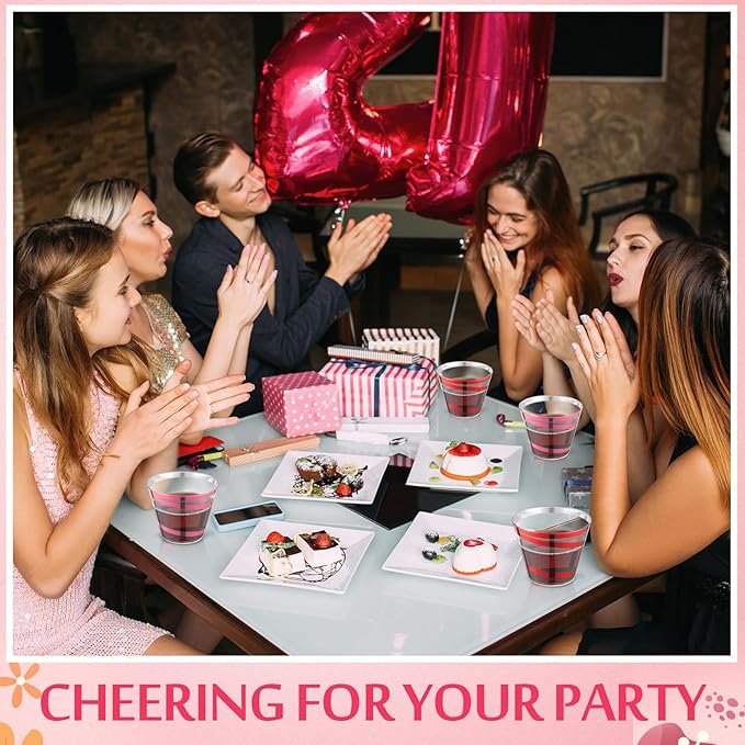 Gejoy 9 oz Rimmed Swirl Plastic Cups Disposable Wine Drinking Cups Clear Elegant Halloween Tumblers for Christmas Party Supplies(Red, Pink,100 Pcs)